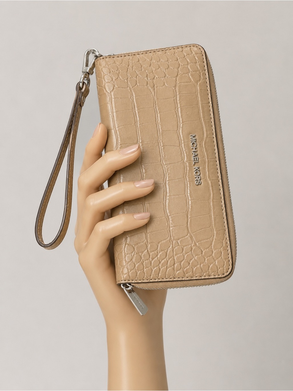 Michael Kors Taupe Croc-Embossed Zip-Around Wristlet